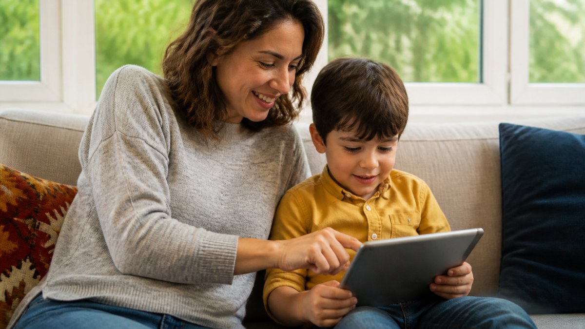 Parent and child watching YouTube together on tablet in bright living room, parent smiling and monitoring content selection