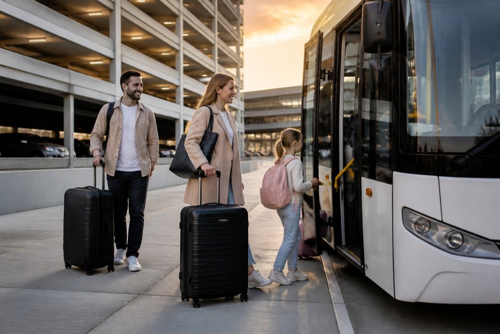 A modern, secure airport parking facility with a shuttle bus pulling up to pick up passengers with luggage, clear signage for the long-term car park, late afternoon light