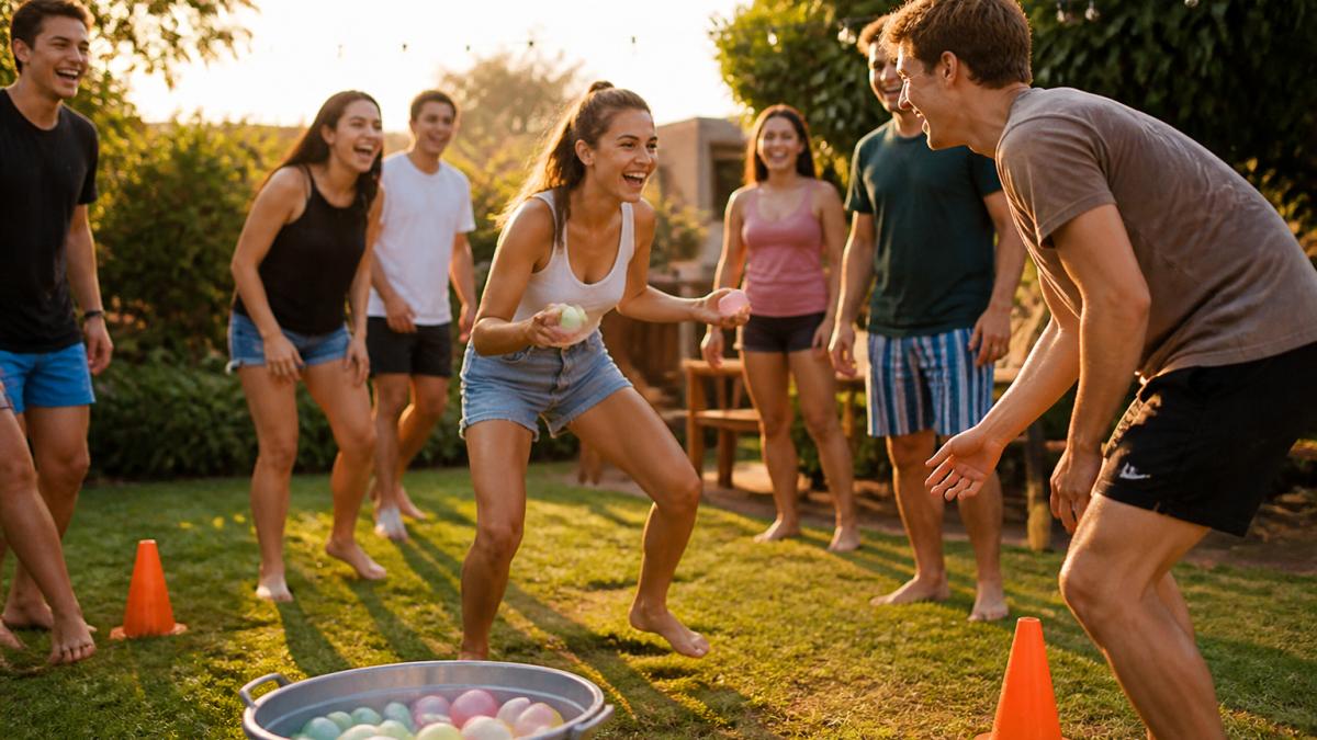 A group of adults and teenagers laughing during a garden party game, with a bucket of water balloons and cones visible on the lawn in warm evening light
