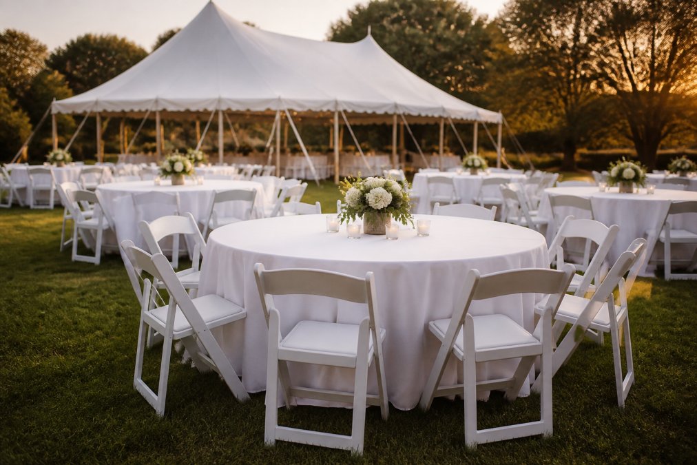 Elegant outdoor wedding reception with white resin garden chairs arranged around 60-inch round tables dressed with white polyester linens, with a white pole tent structure visible in the background providing shelter, natural golden hour lighting