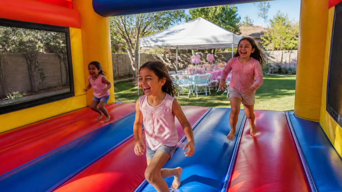 Children playing in a colorful bounce house at a backyard event featuring party rentals Avondale tent setups.