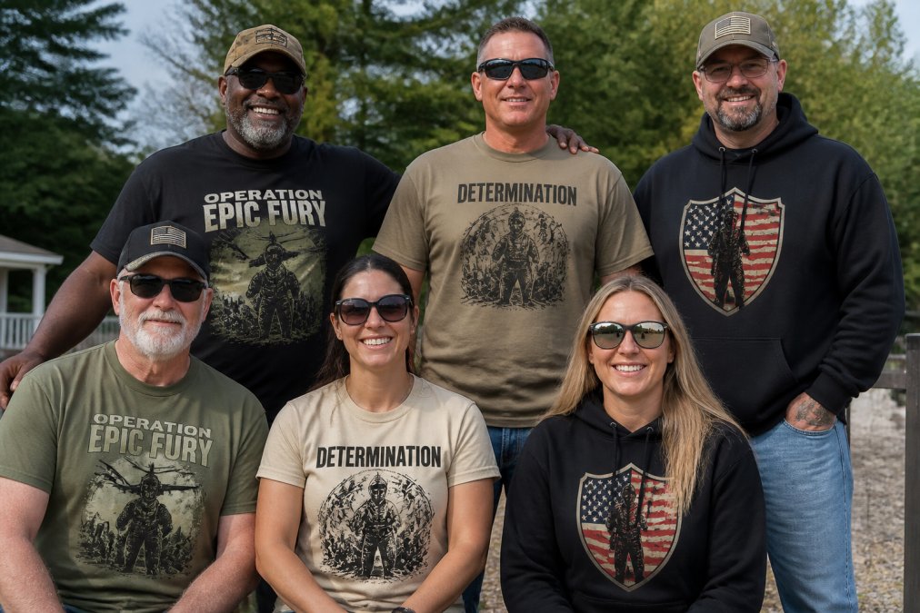 Diverse group of veterans and patriots wearing patriotic graphic tees and hoodies outdoors, displaying Operation Epic Fury, Determination, and Veteran Shield designs on real bodies in natural daylight