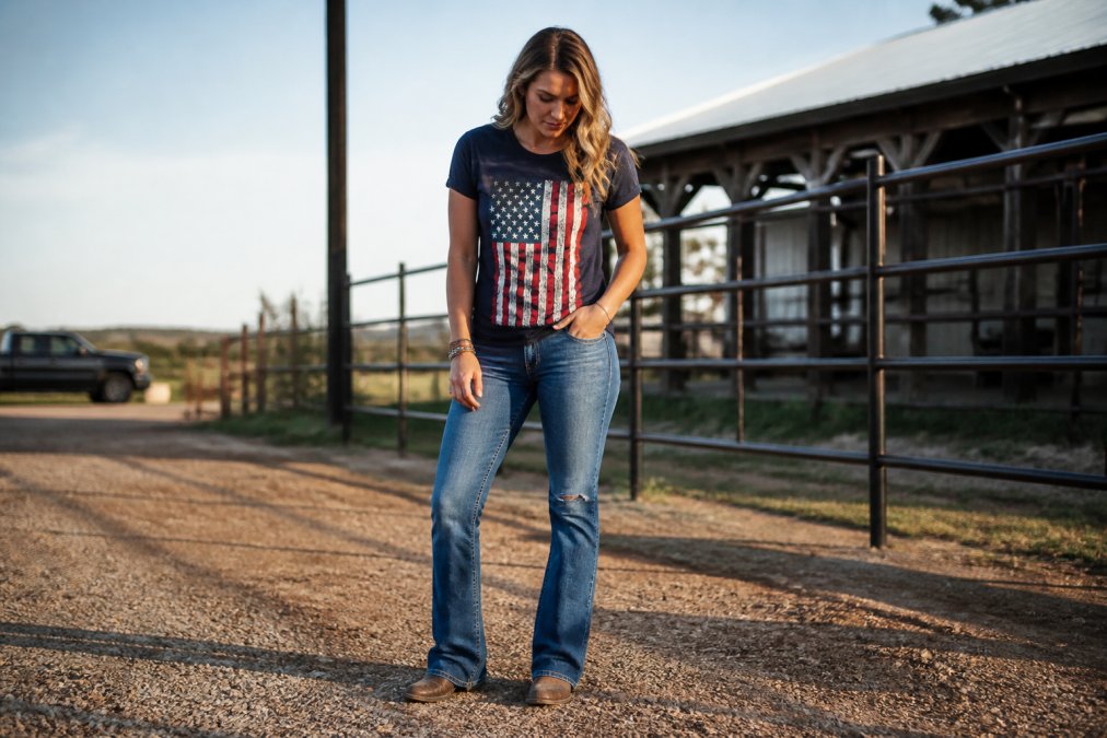 Person wearing patriotic graphic tee styled casually with jeans and boots for everyday wear, demonstrating how to incorporate patriotic apparel into a complete outfit in natural outdoor lighting