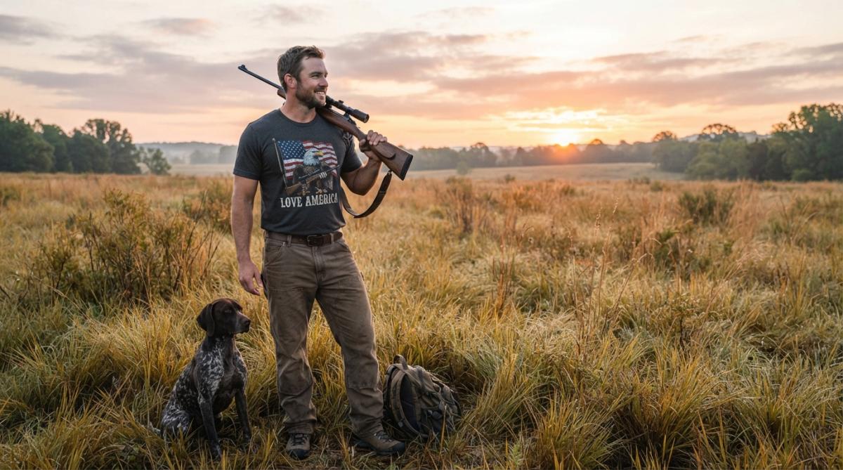 Hunter in patriotic graphic tee standing in open field at dawn with rifle, embodying the outdoor lifestyle and American spirit