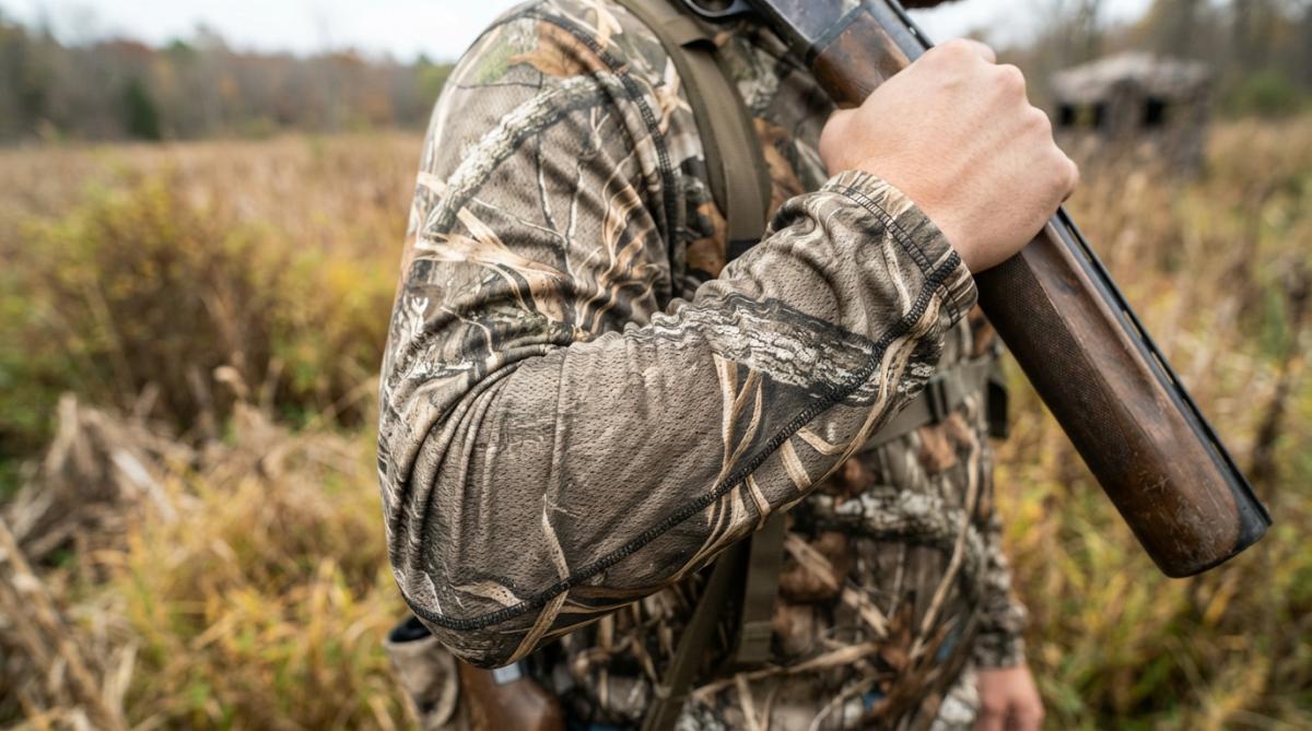 Close-up of camo long sleeve shirt fabric showing moisture-wicking texture and Realtree pattern detail in field setting