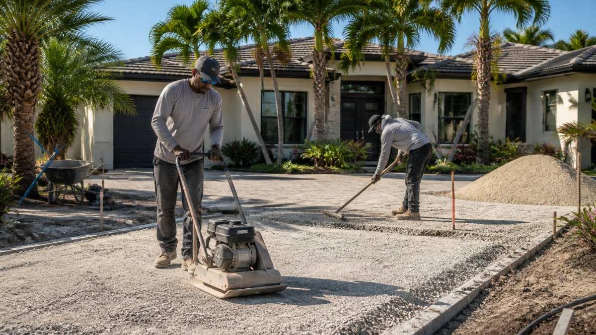 Best Paver Contractors in Southwest Florida: 2026 Guide 2 Paver contractors use a plate compactor on a prepared driveway base in front of a sunny Florida home.