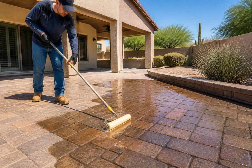 Professional technician applying clear protective sealant to residential patio with concrete pavers, showing wet-look finish being applied on a sunny Arizona day