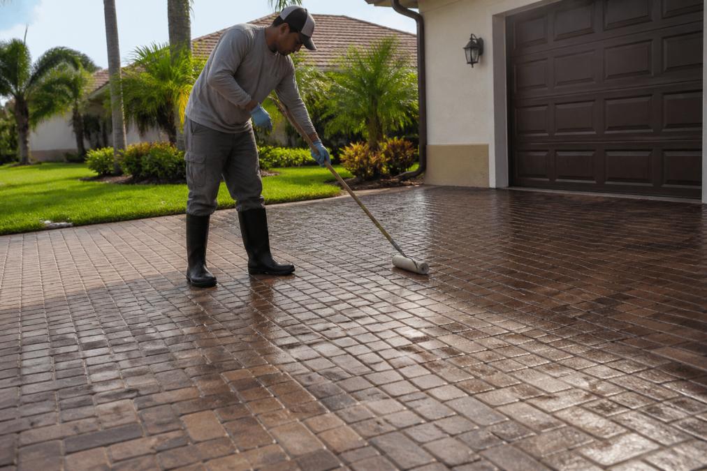 Professional contractor in protective gear carefully applying clear protective sealant to brick pavers on a residential driveway, showing the wet appearance and enhanced color after application