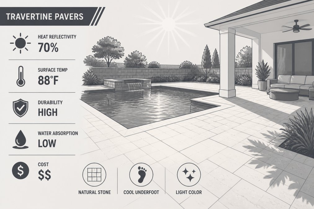 Residential patio with light-colored travertine pavers surrounding a sparkling pool area on a bright sunny day, showing the reflective surface and clear shadows cast by the strong sunlight