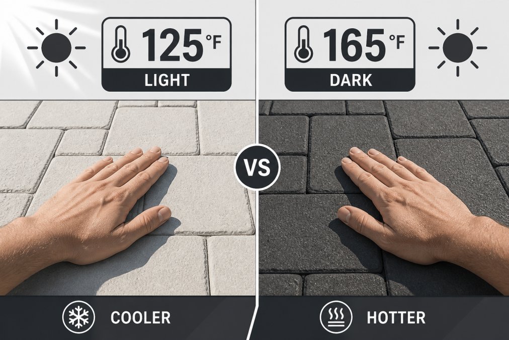 Close-up of a hand touching a light-colored paver surface in direct sunlight compared to a darker paver surface nearby, showing the temperature difference with visible contrast and strong shadows cast by intense sun