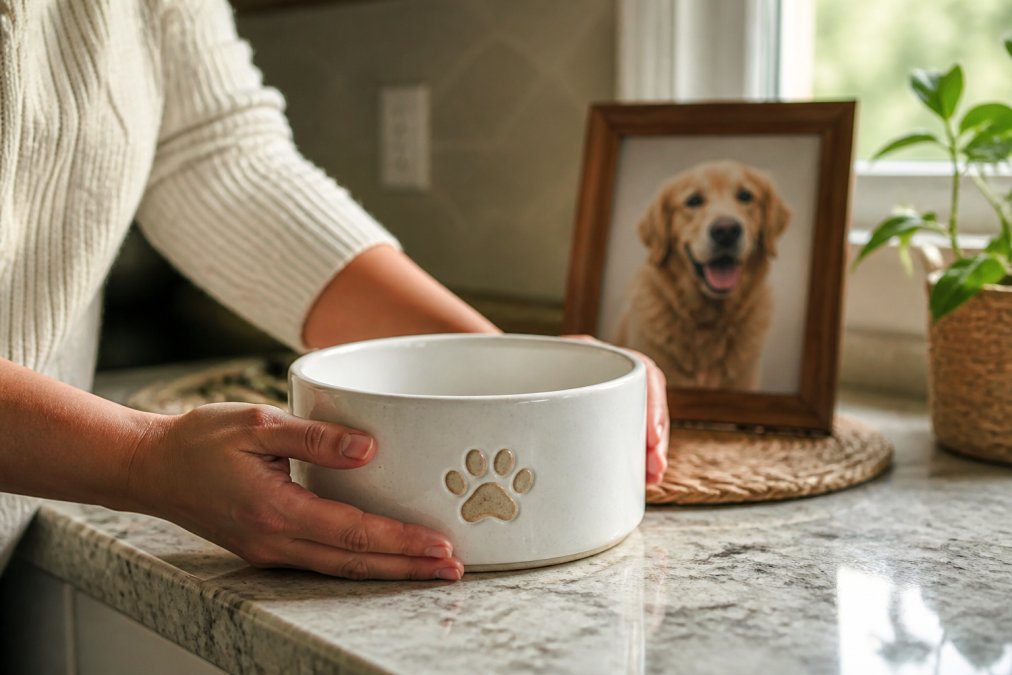 Person holding a personalized ceramic pet bowl, one of many pawsionate alternatives for honoring a beloved pet.