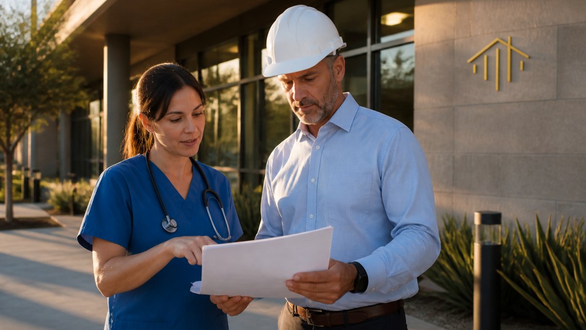 A registered nurse and a construction manager in a hard hat reviewing paperwork together outside a county office building, late afternoon light