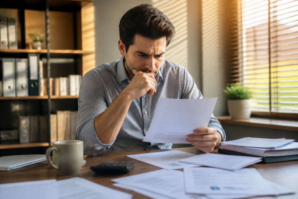 A small business owner reviewing payment processing documents at a desk in a modern office, laptop showing transaction data, concerned expression, warm afternoon light through window blinds