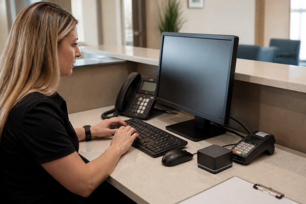 A practice manager at a medical office front desk reviewing billing software on a desktop computer, with a card reader visible beside the monitor