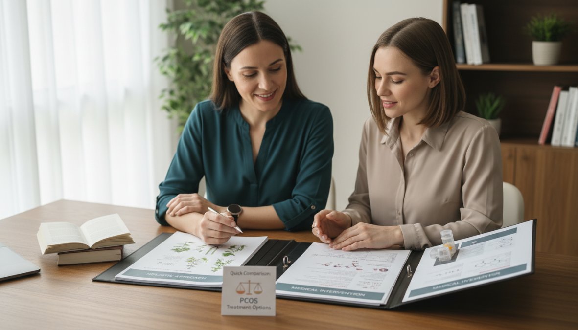A female doctor and patient sitting together at a clinic desk reviewing printed treatment documents, warm overhead lighting, professional medical office setting with plants and natural wood tones