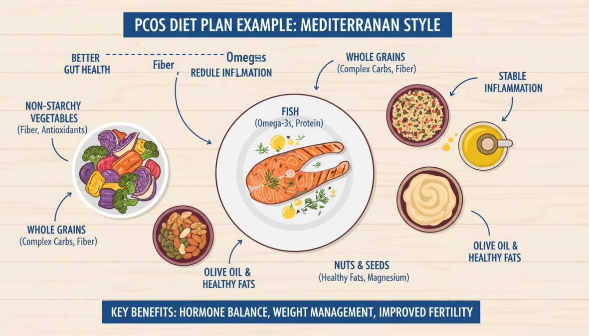 Overhead flat lay of a Mediterranean-style meal arrangement featuring grilled salmon, roasted vegetables, a bowl of mixed greens, olive oil in a small ceramic dish, whole grain bread, and a handful of walnuts on a rustic wooden table with warm natural light