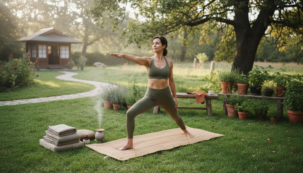 A woman in athletic wear performing a yoga warrior pose on a green grass lawn in soft morning sunlight, eyes closed, expression calm and focused, fitness mat beneath her feet
