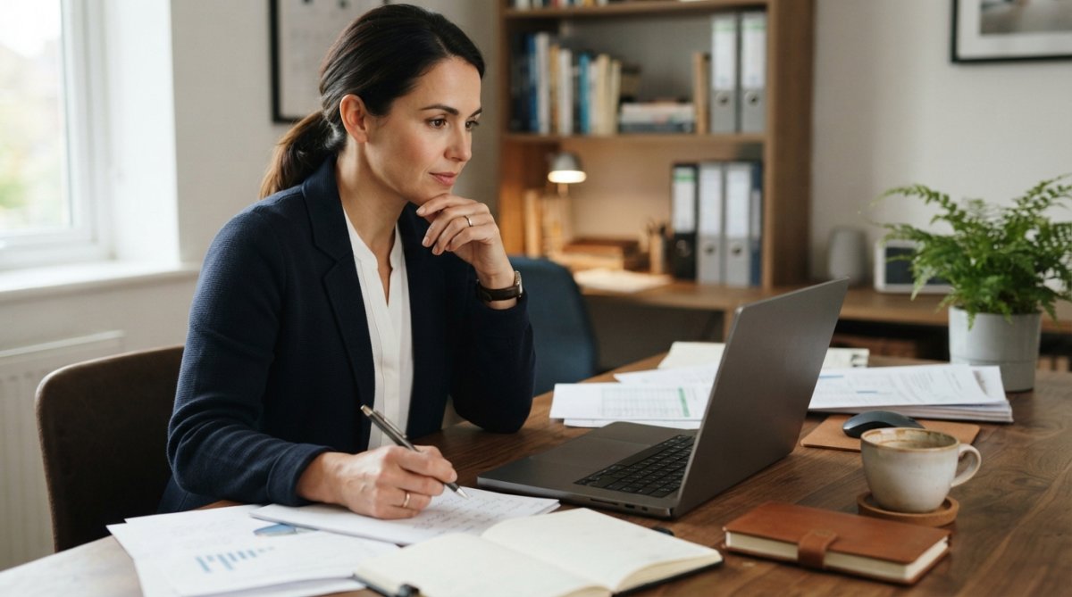 A professional at a clean desk with a laptop, a cup of coffee, and paper documents with a pen, looking thoughtfully at the screen