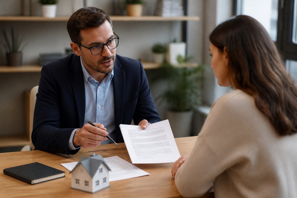 Insurance agent in professional setting discussing coverage options with homeowner, paperwork and home model visible on desk, warm office lighting