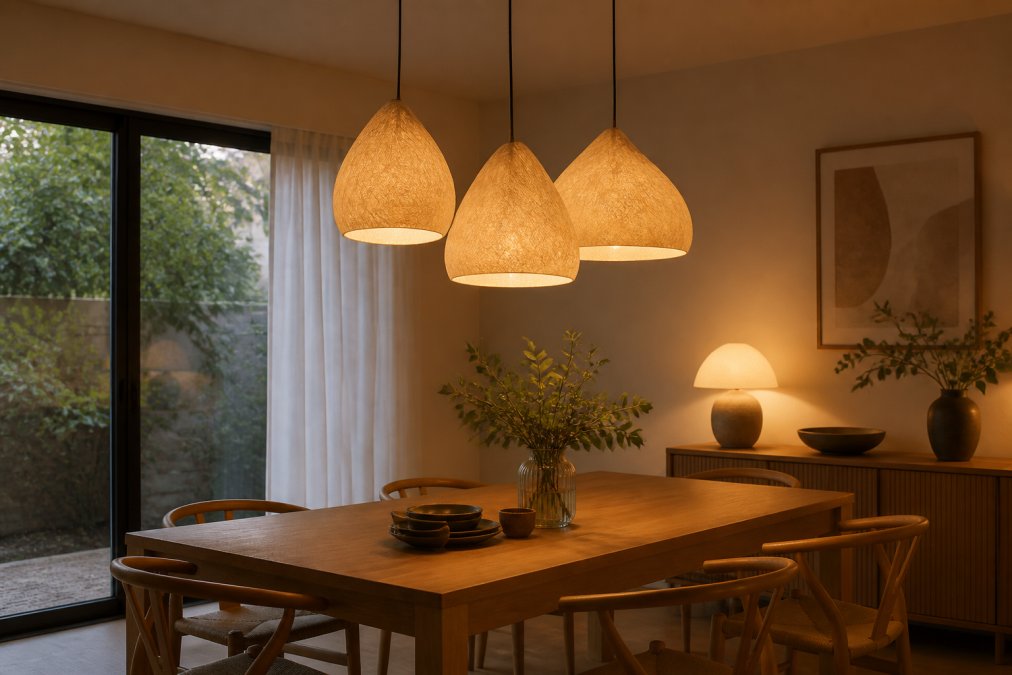 A stylish dining room with a large wooden table, featuring a cluster of three organic-shaped pendant lamps with warm, glowing light hanging above it, creating a cosy and inviting atmosphere