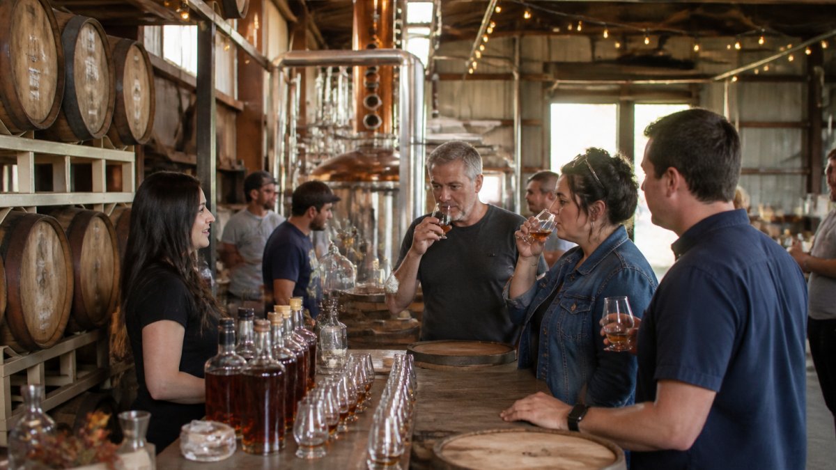 Interior of a craft distillery tasting room with wooden barrel displays, visitors sampling spirits at a bar counter, and warm ambient lighting highlighting the production space