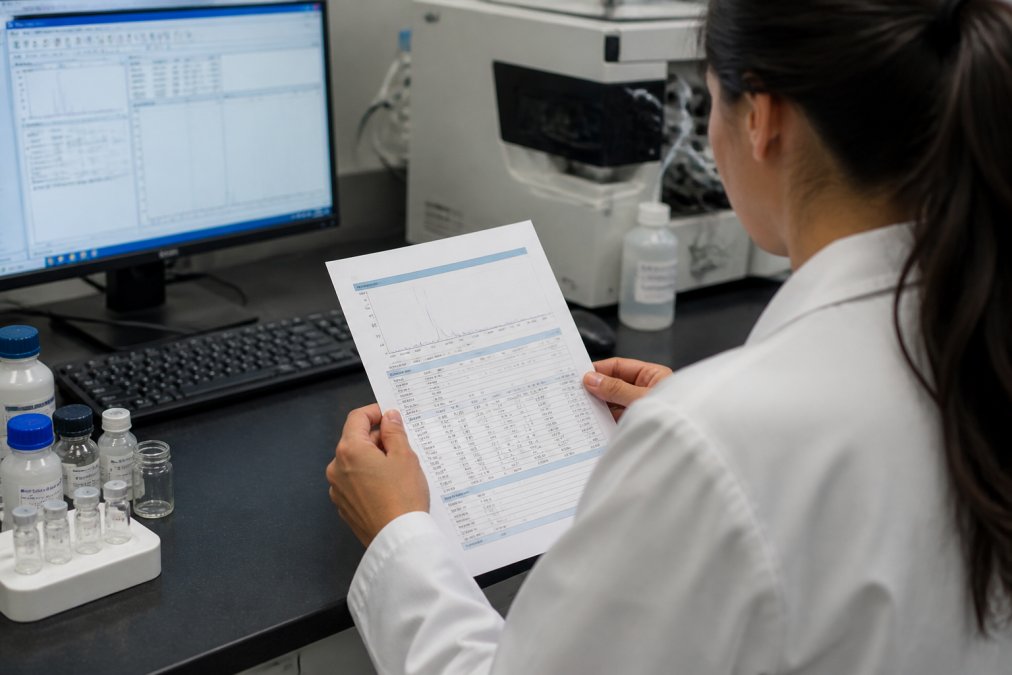 Close-up of a researcher's hands holding a printed Certificate of Analysis document with visible chromatogram data and purity results, studying the document at a laboratory bench with a computer displaying analytical software
