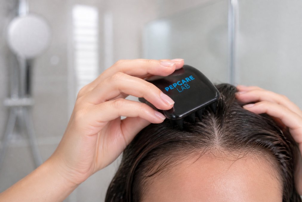 Close-up of hands applying peptide serum to scalp with a silicone scalp brush on damp hair, showing gentle massage technique in natural bathroom lighting