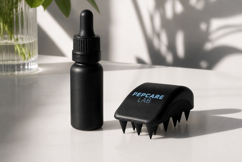 Pepcare Lab Hair and Scalp Serum bottle displayed with the silicone scalp brush on a clean, minimalist white surface with soft natural morning light streaming across
