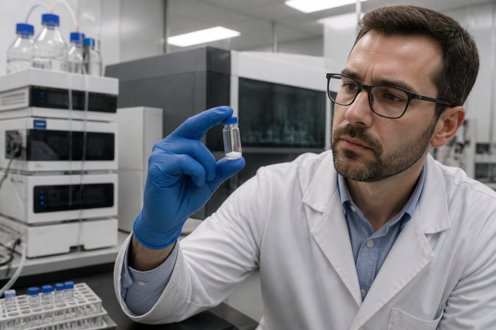 A laboratory researcher in a white coat examining a small glass vial of lyophilized peptide powder under bright overhead lab lighting, with HPLC equipment and a computer monitor displaying a chromatogram visible in the background