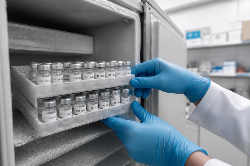 Close-up of gloved hands carefully placing labeled peptide vials into a temperature-controlled freezer storage rack, with clearly visible lot number labels on each vial, inside a research laboratory with organized shelving in the background