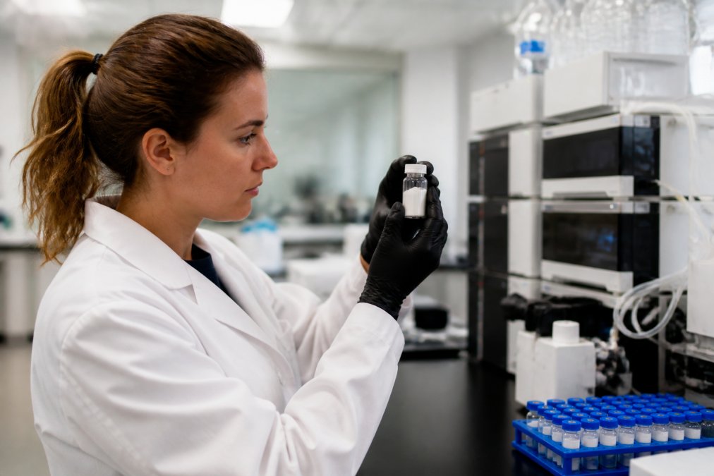 A laboratory scientist in a white coat examining a glass vial of lyophilized powder under bright overhead lab lighting, with HPLC analytical equipment and sample racks visible in the background