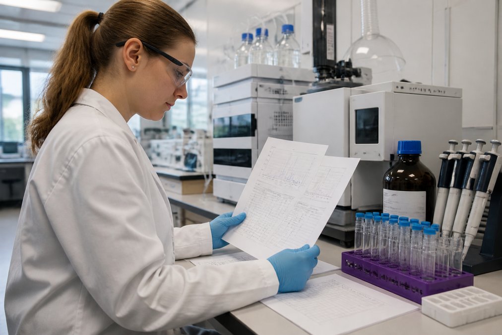 A laboratory scientist in a white coat reviewing printed analytical documents at a clean lab bench, with scientific equipment including an HPLC instrument visible in the background, under bright overhead fluorescent lighting