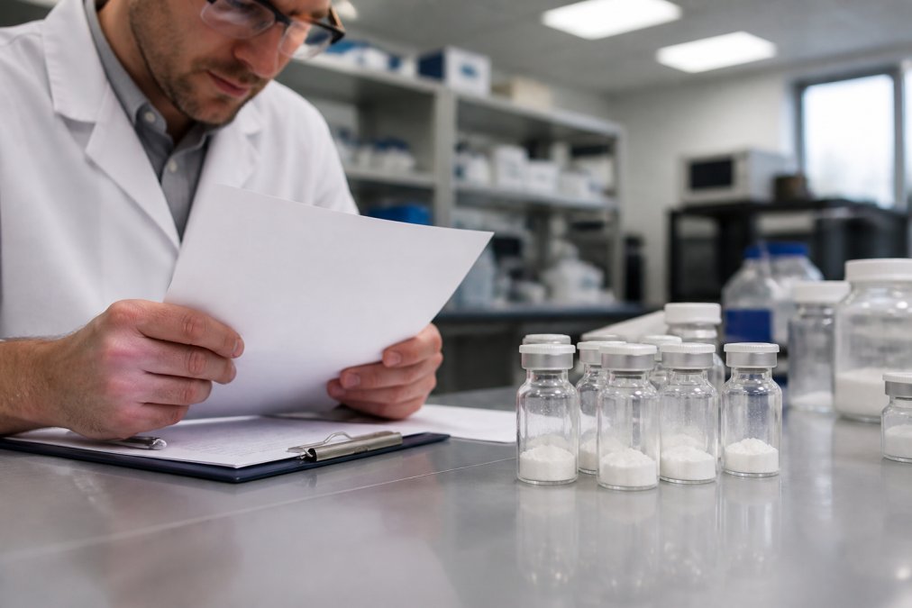 Close-up of a laboratory scientist in a white coat reviewing printed test documents next to vials of lyophilized powder on a clean lab bench, under bright overhead fluorescent lighting