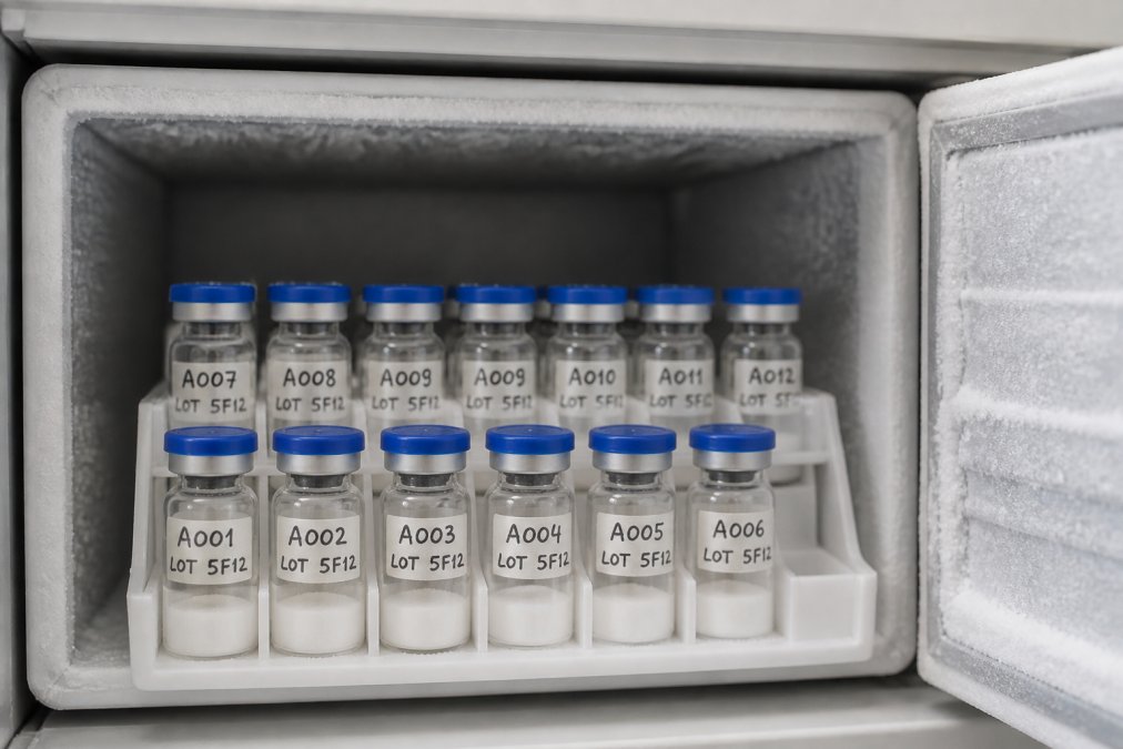 Close-up of labeled lyophilized peptide vials stored in an organized freezer rack inside a laboratory freezer, with frost visible on the interior walls and handwritten lot numbers visible on the vial labels