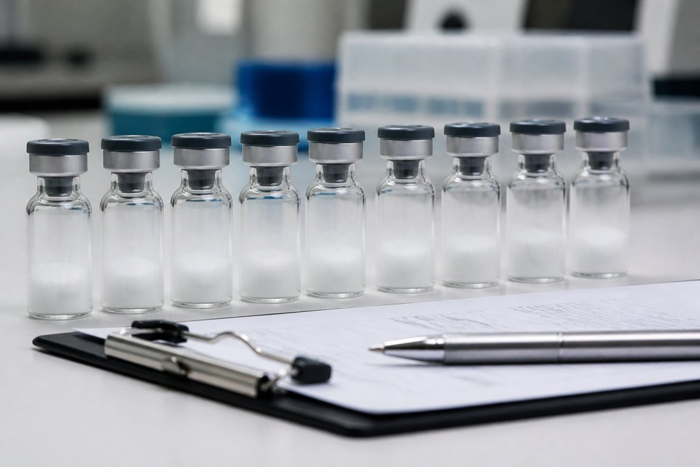 Neatly arranged row of labeled research peptide vials in lyophilized powder form on a white laboratory surface with a clipboard and pen nearby, under clean overhead lighting