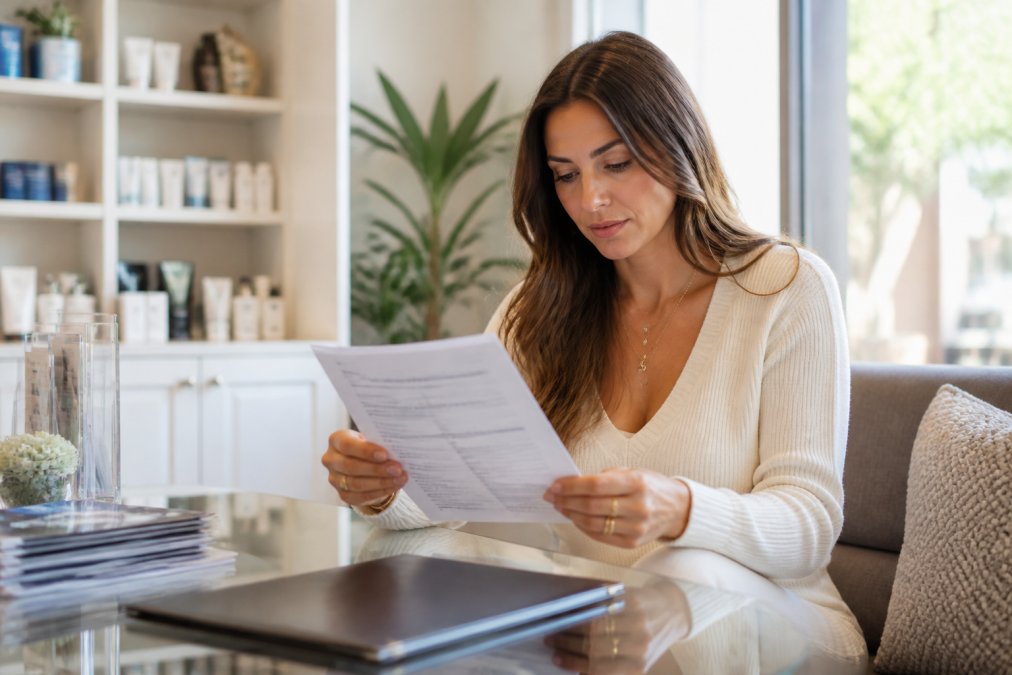 Woman reviewing detailed clinic information and treatment paperwork at consultation desk in bright, modern wellness center with welcoming aesthetic