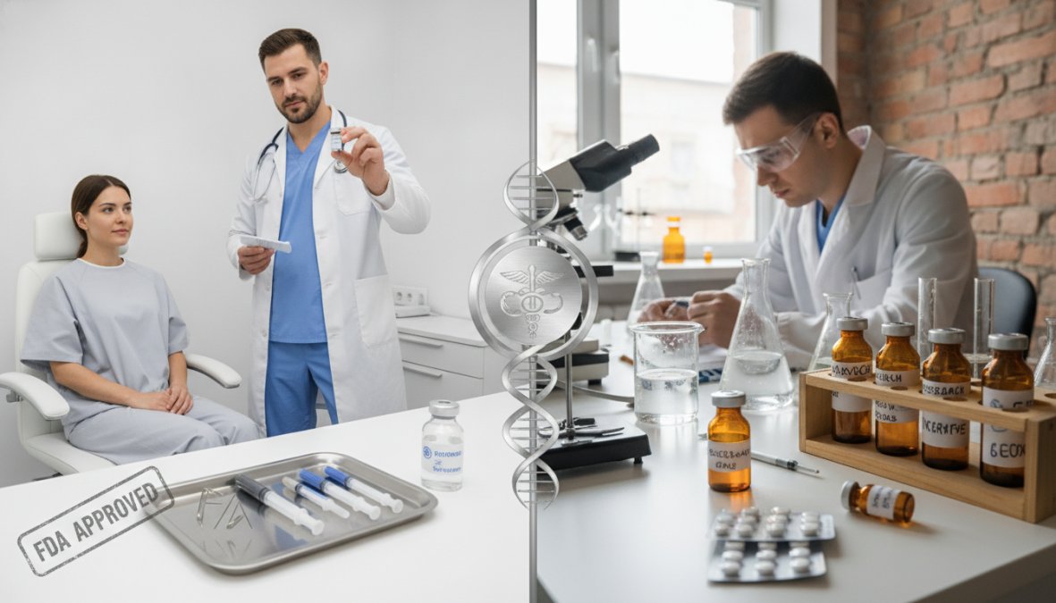 Doctor reviewing peptide therapy options with patient in modern clinical consultation room, discussing treatment protocols and monitoring procedures