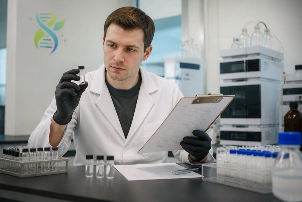 A researcher in a clean laboratory holding a peptide vial and reviewing a certificate of analysis document on a clipboard, with analytical equipment softly blurred in the background