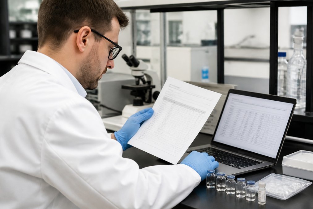 A laboratory researcher in a white coat examining a printed Certificate of Analysis document next to a laptop displaying batch data, with sample vials on the bench in the foreground