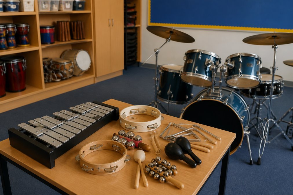 A school music room with a drum kit, glockenspiel, tambourines, and hand percussion laid out on a table, ready for a lesson