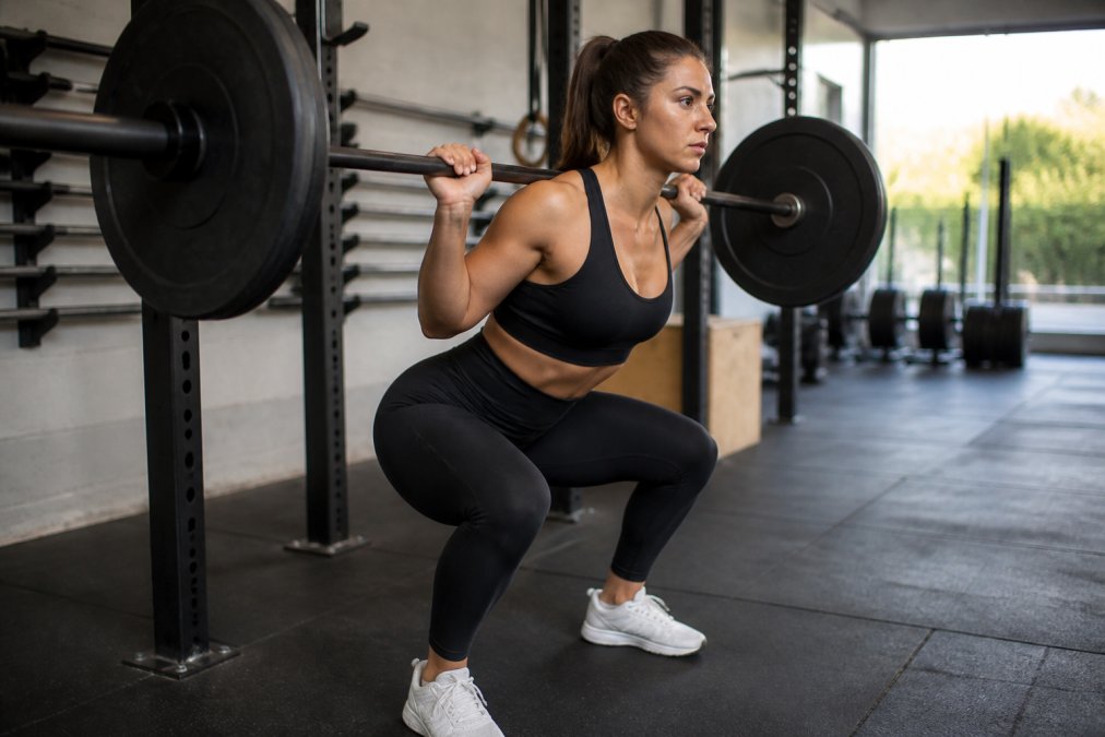 A woman in high-waisted black performance leggings performing a barbell back squat in a well-lit gym, showing full lower-body coverage and a secure waistband staying flat against the skin under load