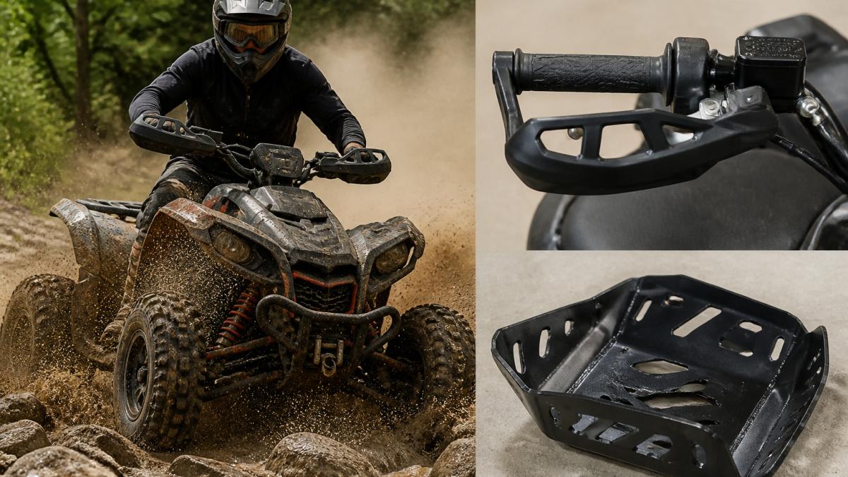 Trail rider navigating rocky, muddy terrain on ATV with upgraded handlebars and protective components visible, dust and water spray in action