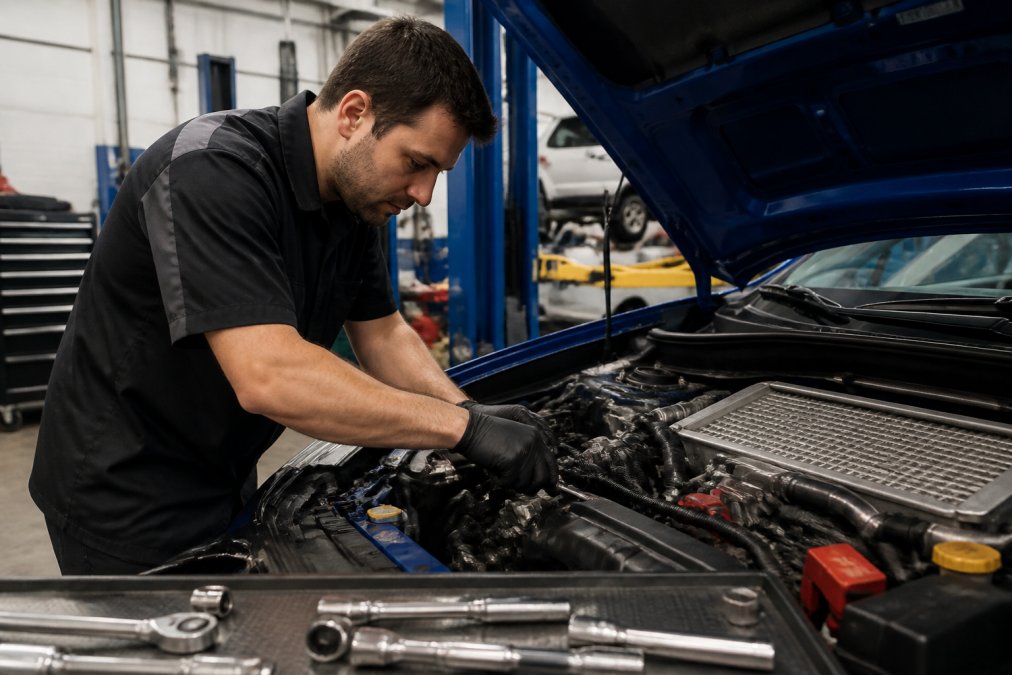 Professional technician working on a Subaru engine in a well-equipped shop with diagnostic equipment, computer monitors displaying engine data, and precision tools visible on the workbench