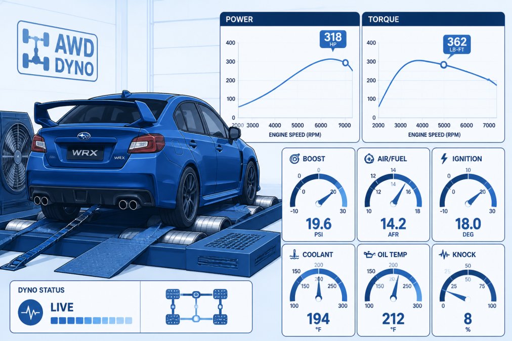 Subaru WRX positioned on an all-wheel-drive dyno with real-time performance data displayed on monitor screens showing horsepower, torque curves, and engine parameters during a live tuning session