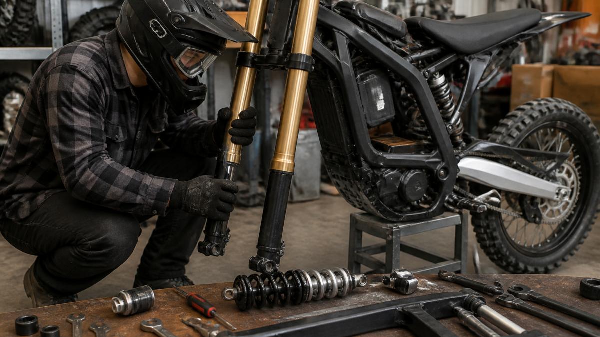 A rider in gear crouching beside an electric dirt bike in a workshop, inspecting a new upside-down front fork with tools on a bench nearby