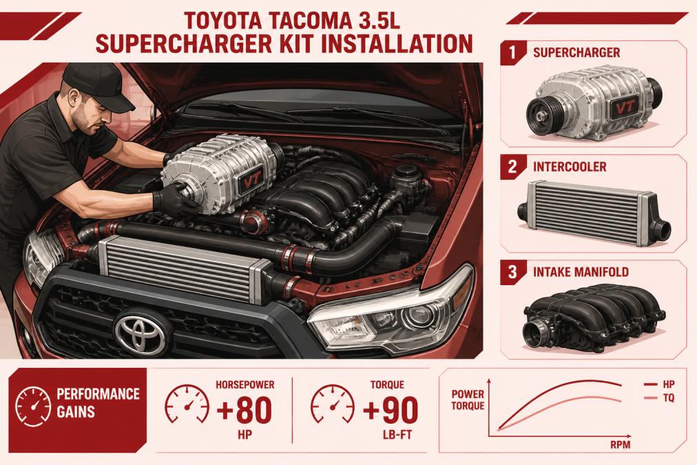 Professional mechanic installing a supercharger kit on a Toyota Tacoma 3.5L engine in a well-lit workshop, showing the polished supercharger unit, intercooler, and intake manifold components being carefully mounted