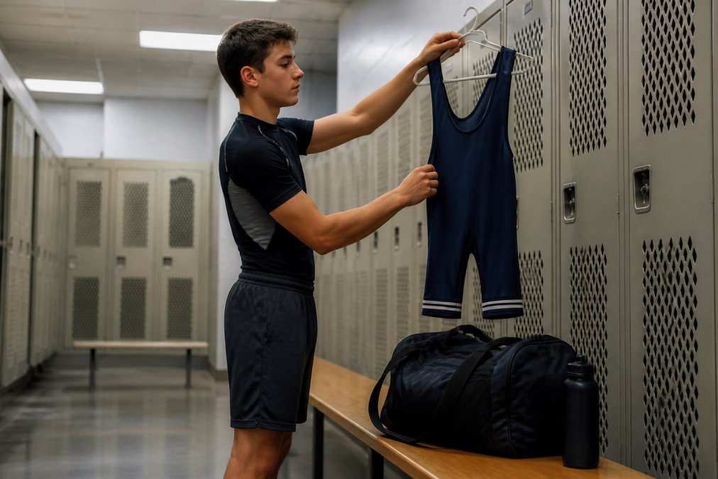 A young wrestler hanging a competition singlet to air dry in a locker room after a match, with a gym bag and water bottle on a bench nearby under fluorescent lighting