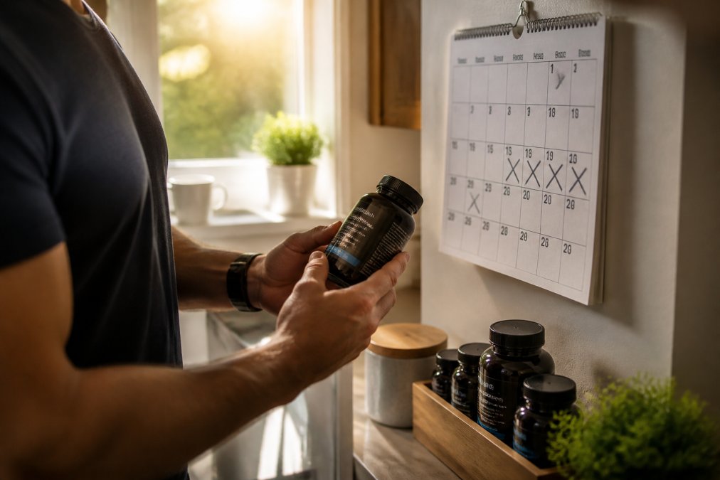 Man holding a supplement bottle near a marked calendar for performer8 alternatives routine tracking