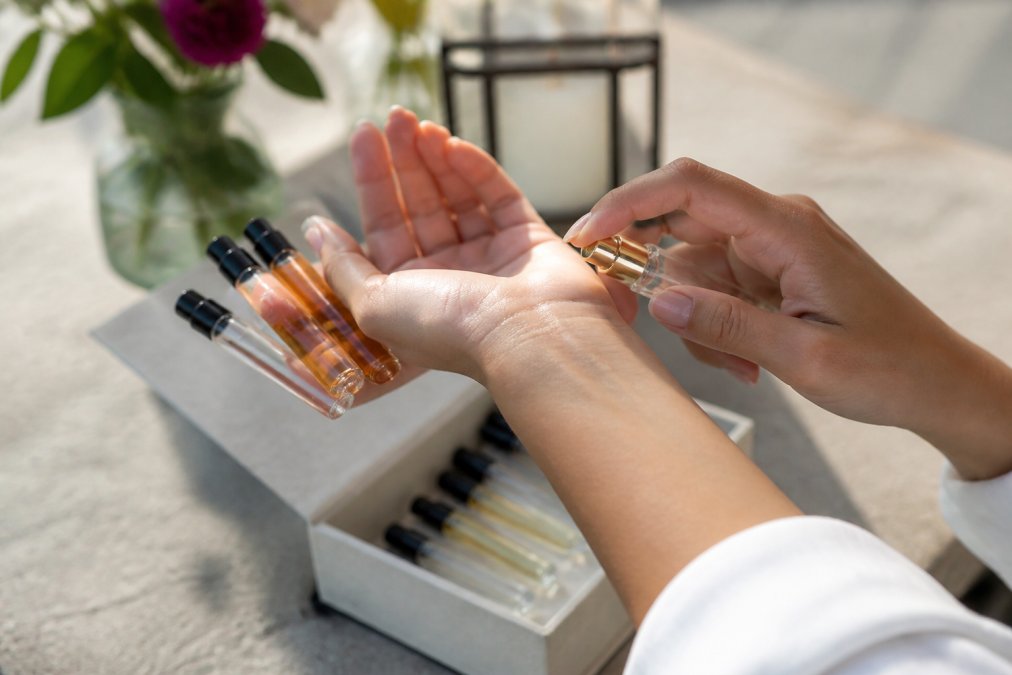 Close-up of hands holding multiple fragrance sample vials and atomizers, with wrists showing application areas, one hand spraying a sample onto the other wrist in natural daylight, neutral background