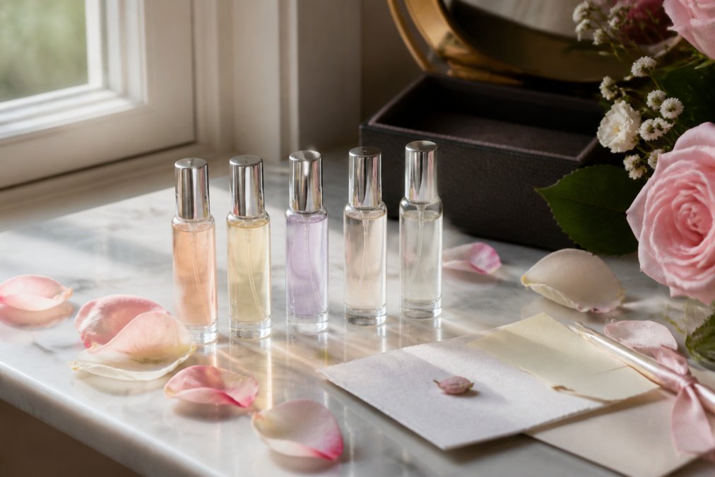 Five travel-size perfume gift sets arranged on a marble vanity with rose petals and a note
